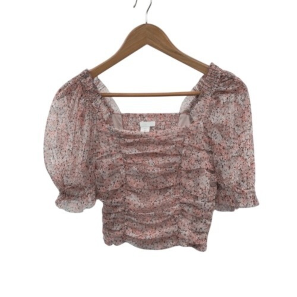 H&M Crop Top Ruch Puff Sleeve‎ Sheer Y2K Women Small Pink Floral Cottagecore